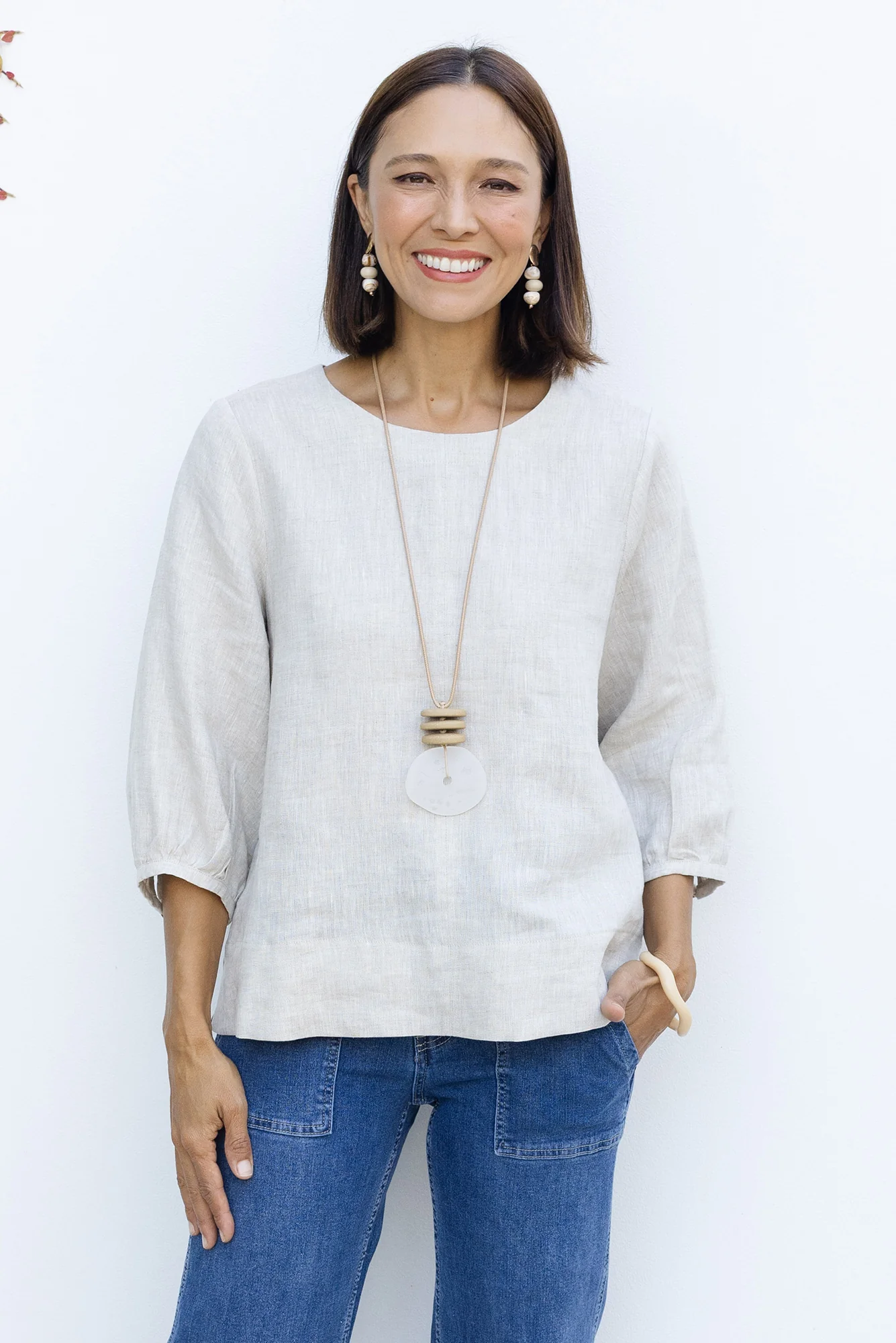 Addie Beige Linen Sleeved Top