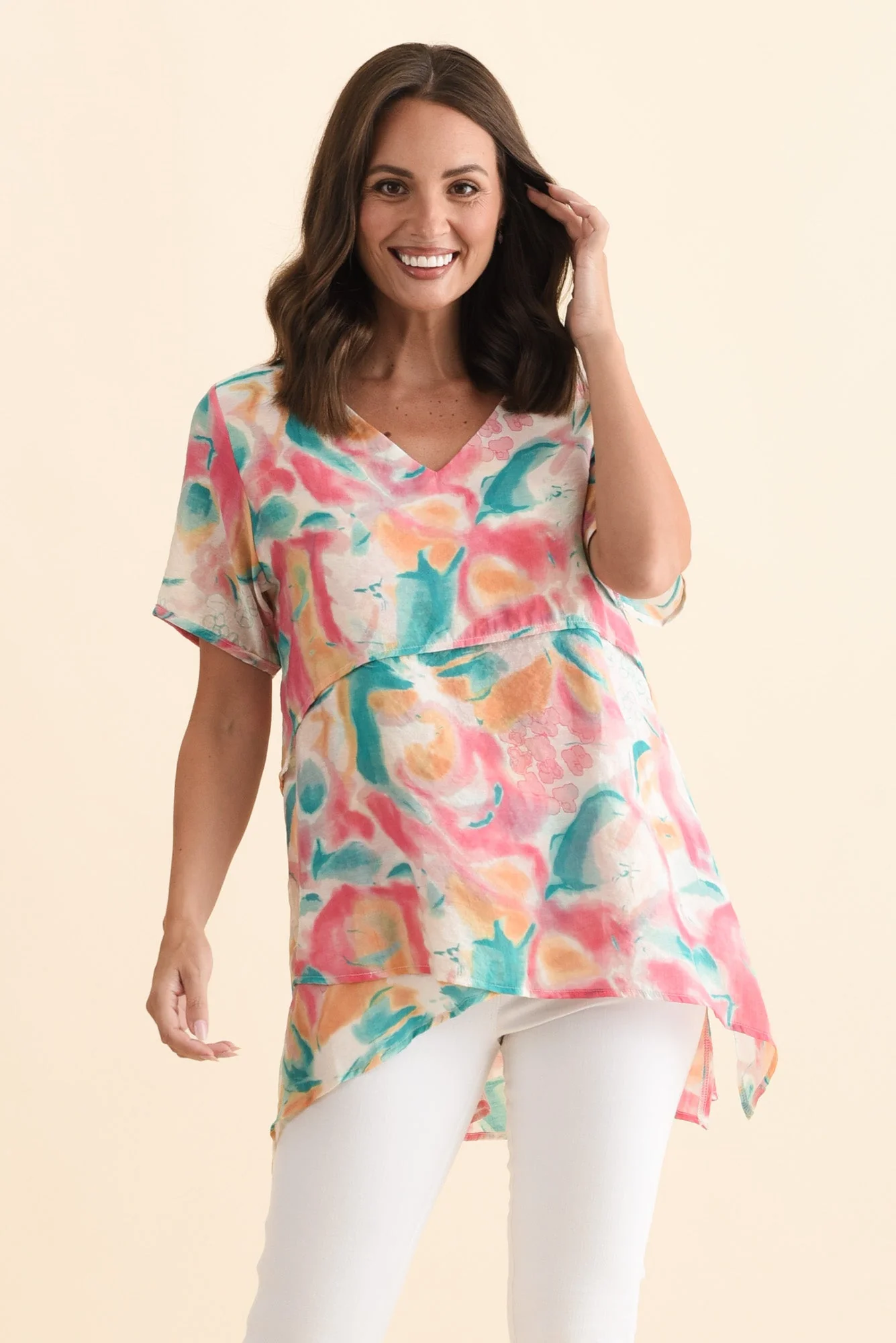 Alvina Teal Abstract Layered Tunic Top