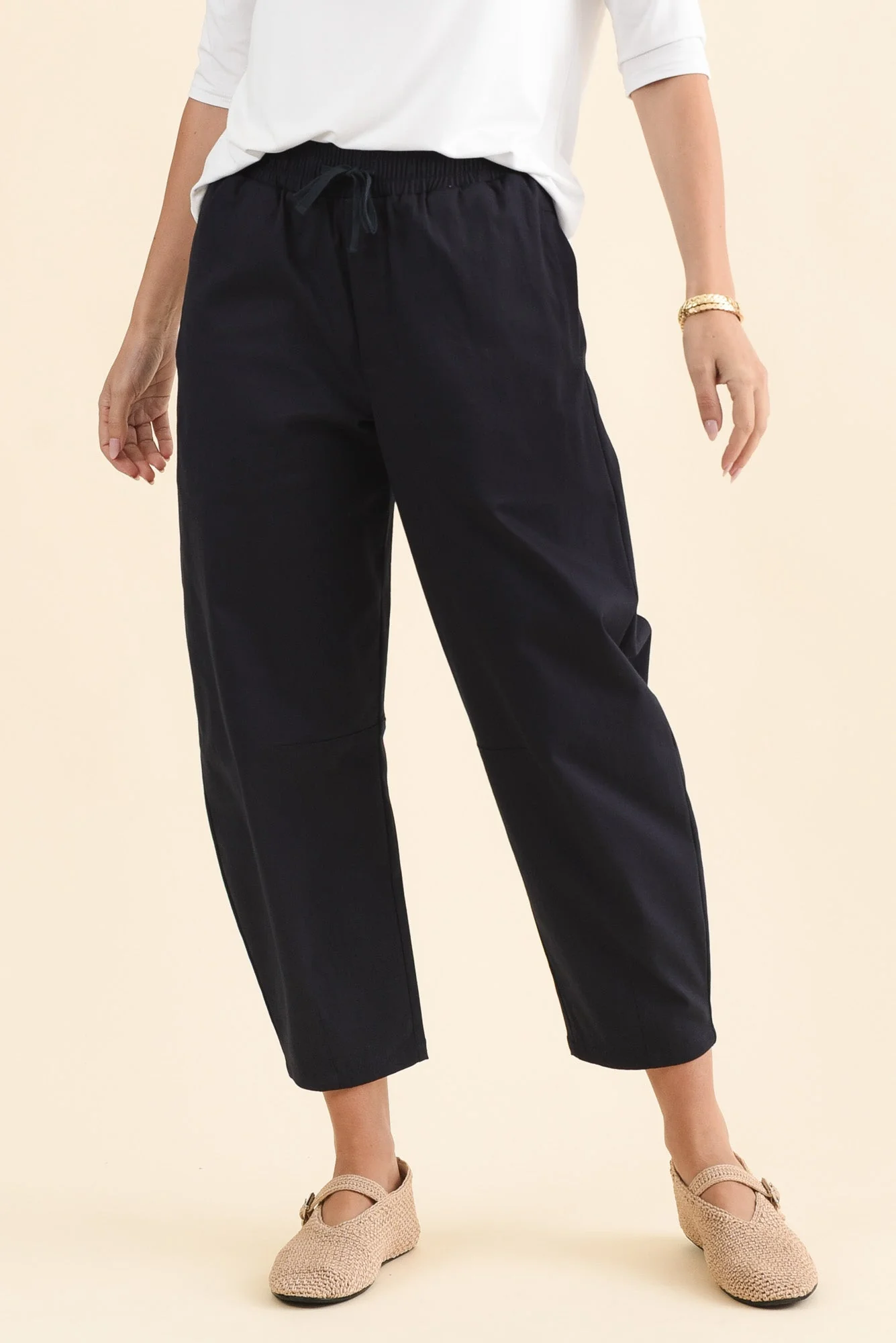 Andy Navy Cotton Cropped Barrel Pants