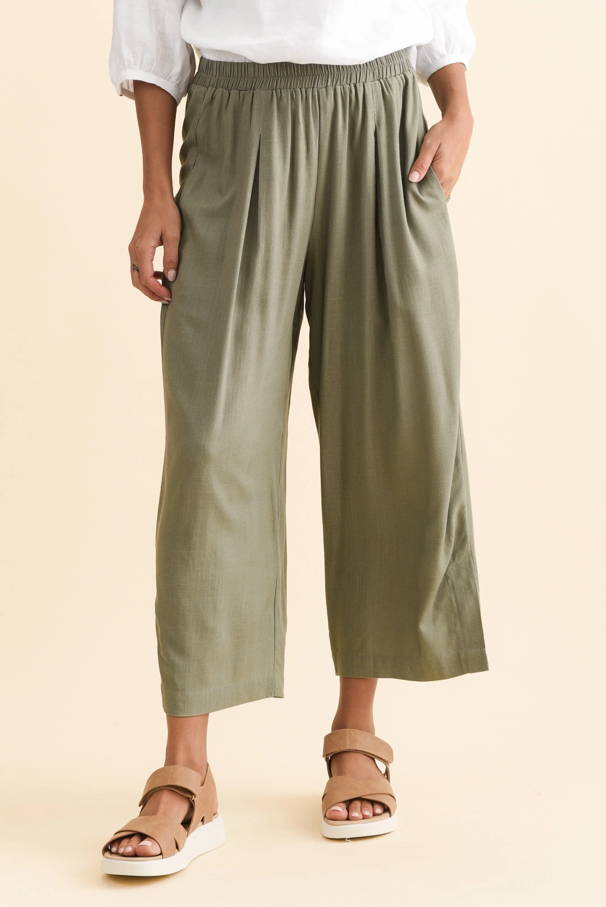 Belinda Khaki Linen Blend Cropped Pants