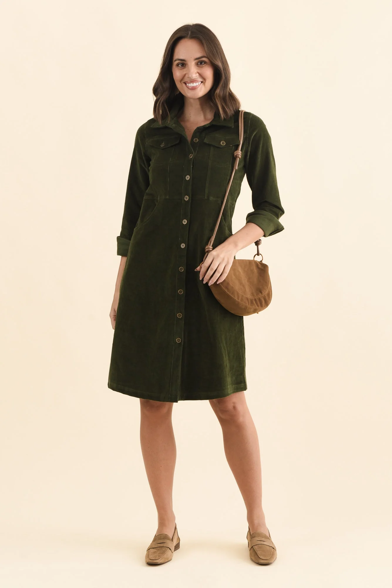 Bronwyn Forest Green Corduroy Button Dress