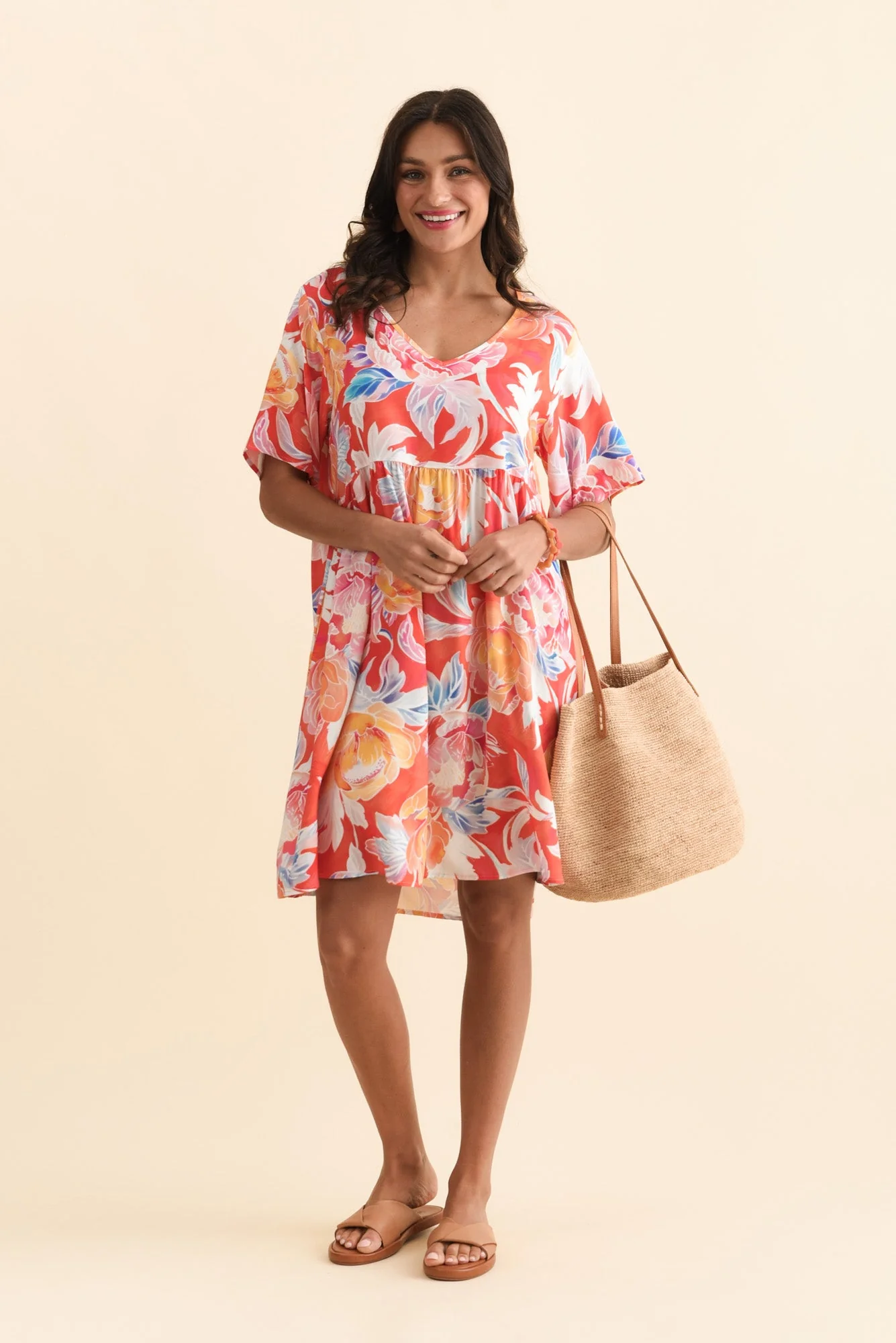Carlita Coral Flower Pocket Dress