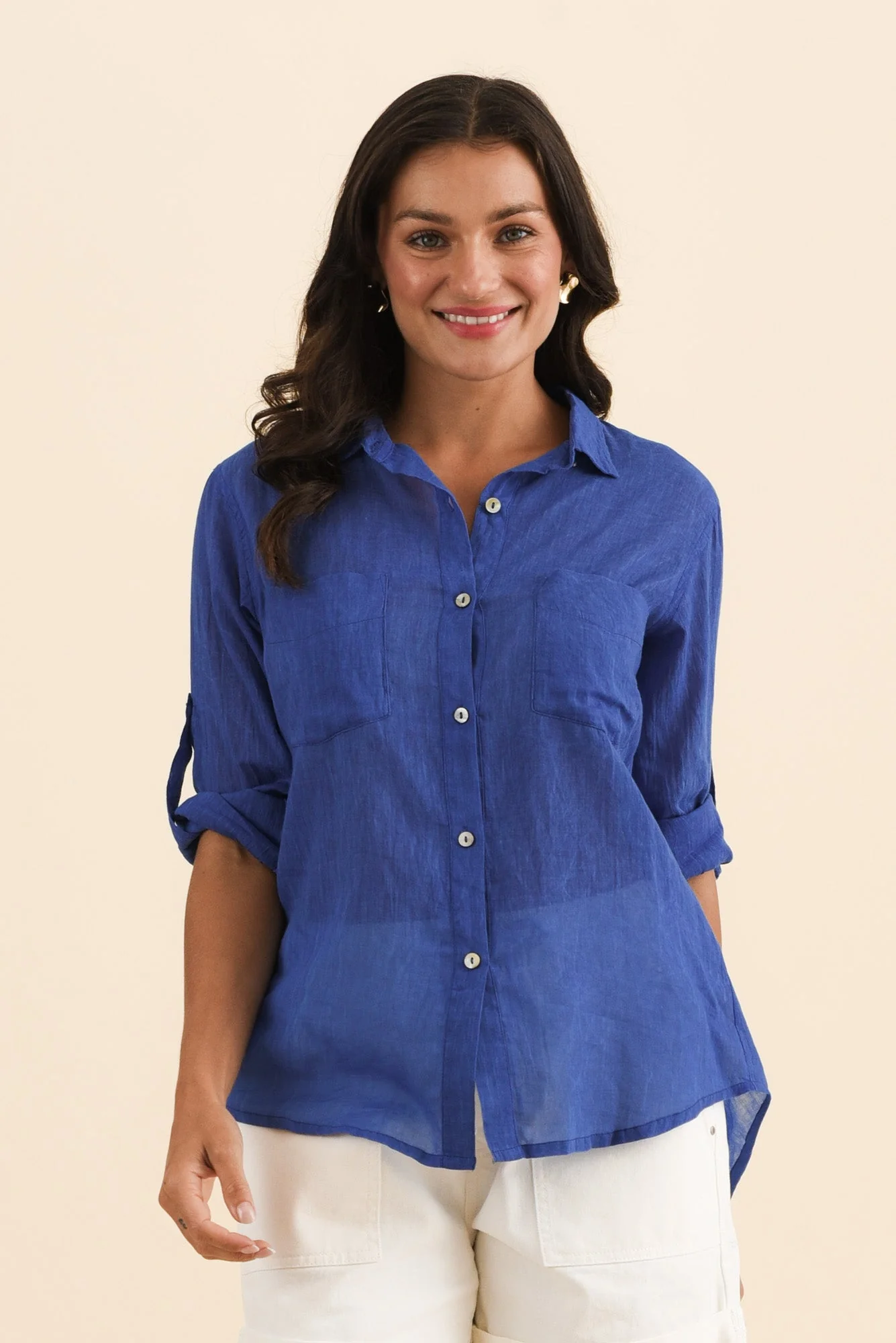 Cecille Blue Cotton Pocket Shirt