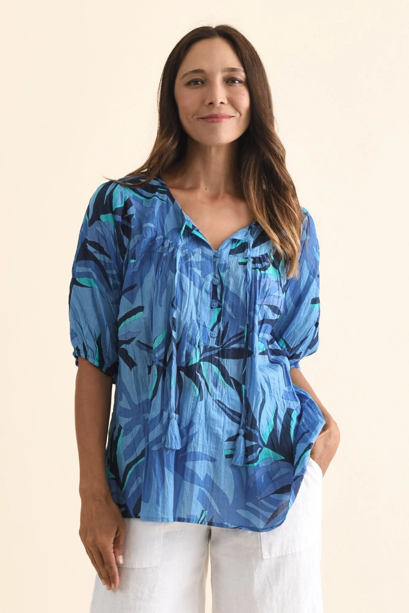 Claris Blue Leaf Crinkle Cotton Top