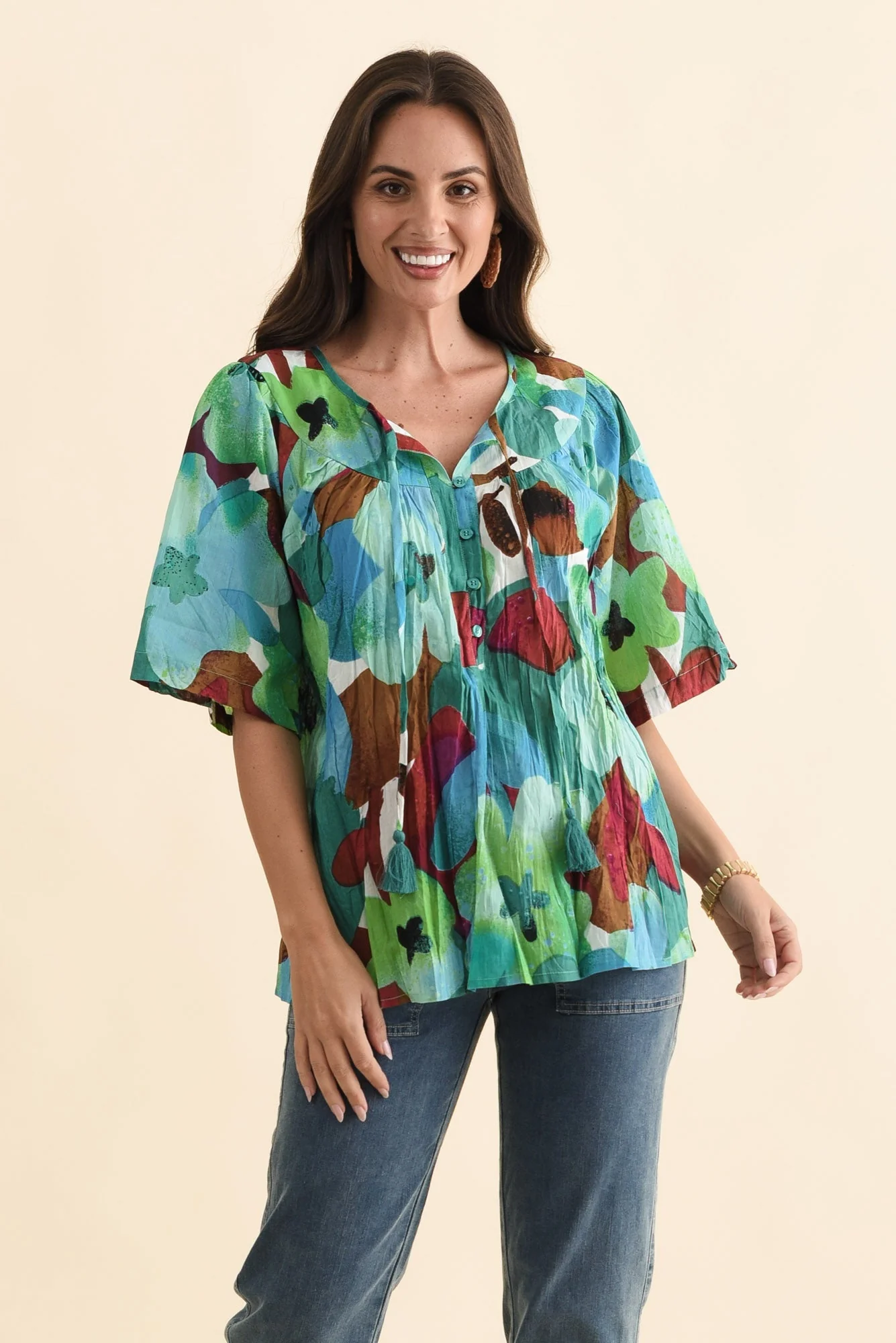 Claris Teal Flower Crinkle Cotton Top