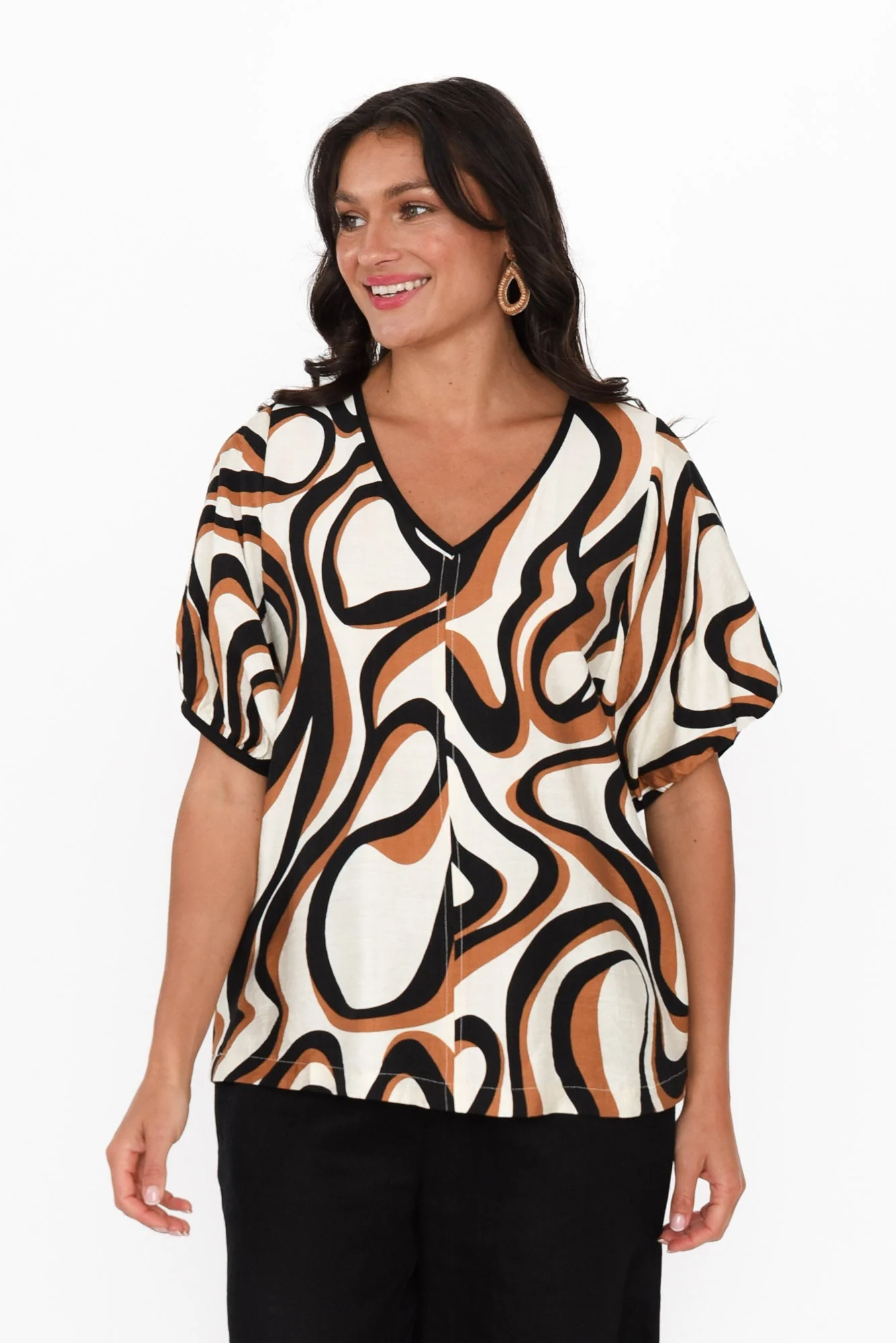 Cleo Brown Swirl V Neck Top