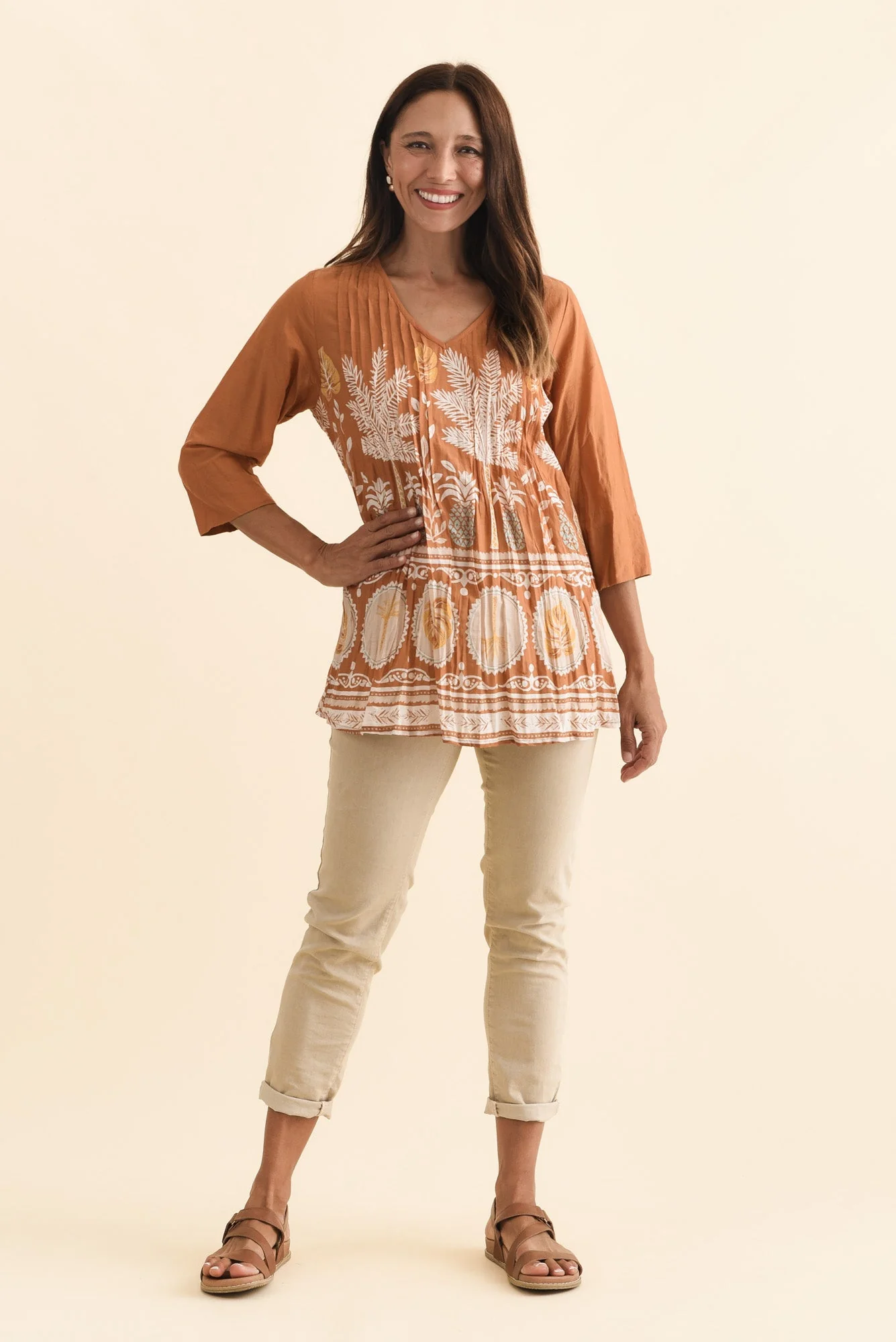 Fia Brown Beach Sleeved Crinkle Cotton Top - Image 2