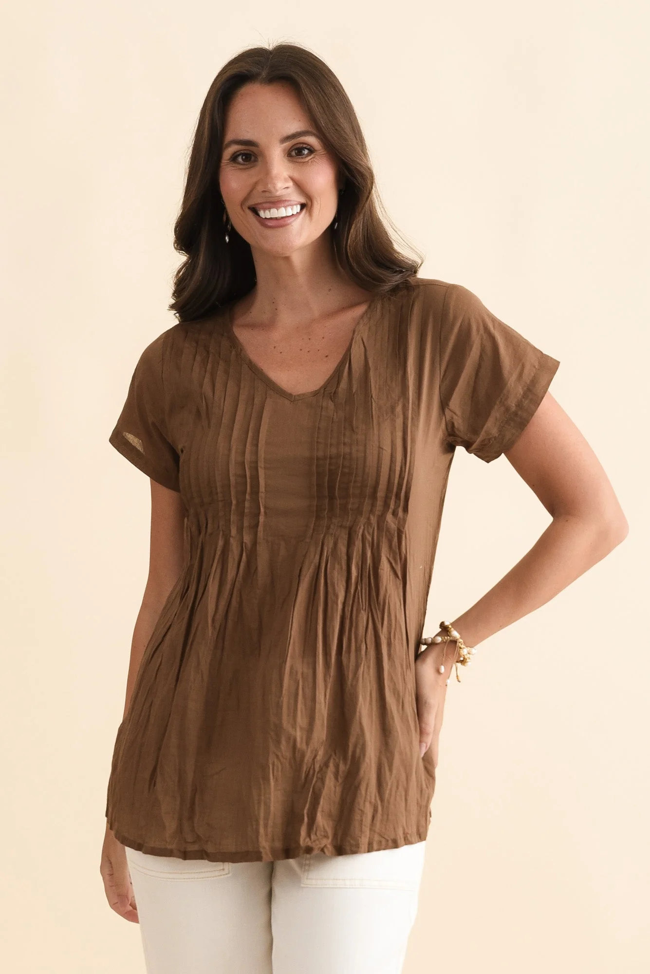 Fia Mocha Crinkle Cotton Top