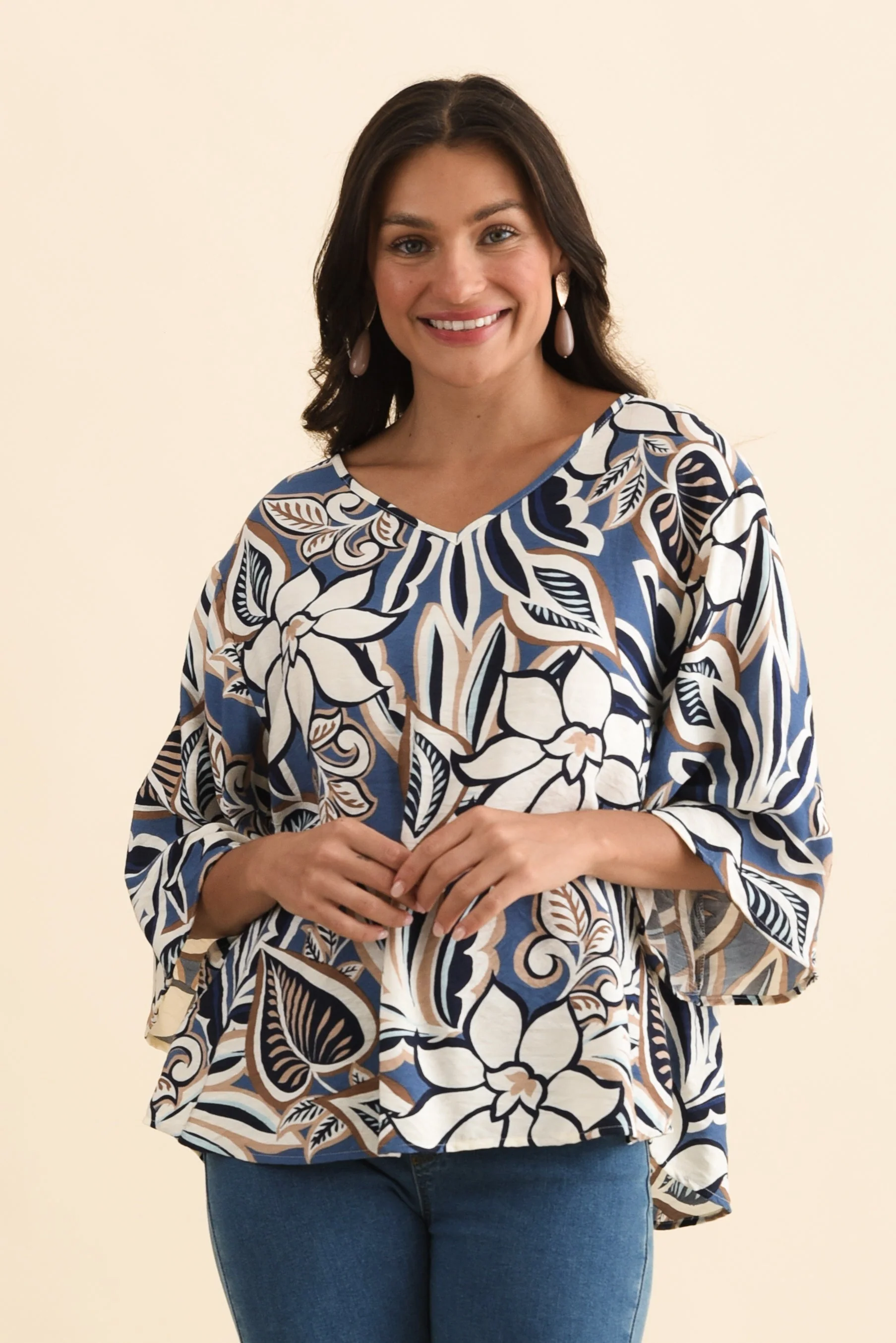 Janelle Blue Abstract V Neck Top