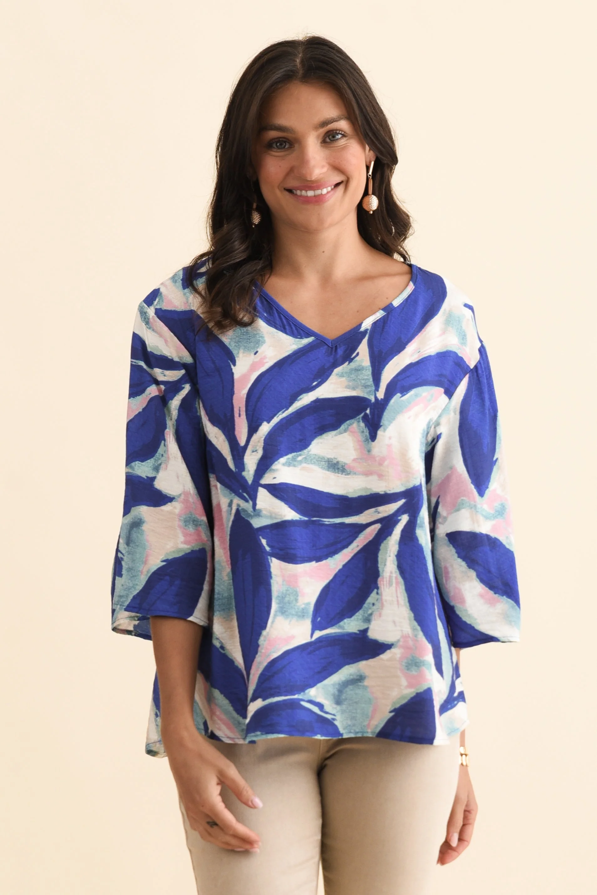Janelle Blue Leaf V Neck Top