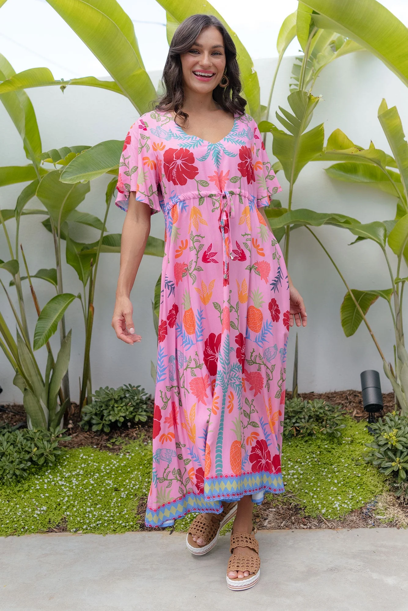 Jennifer Pink Tropical Flutter Sleeve Dress