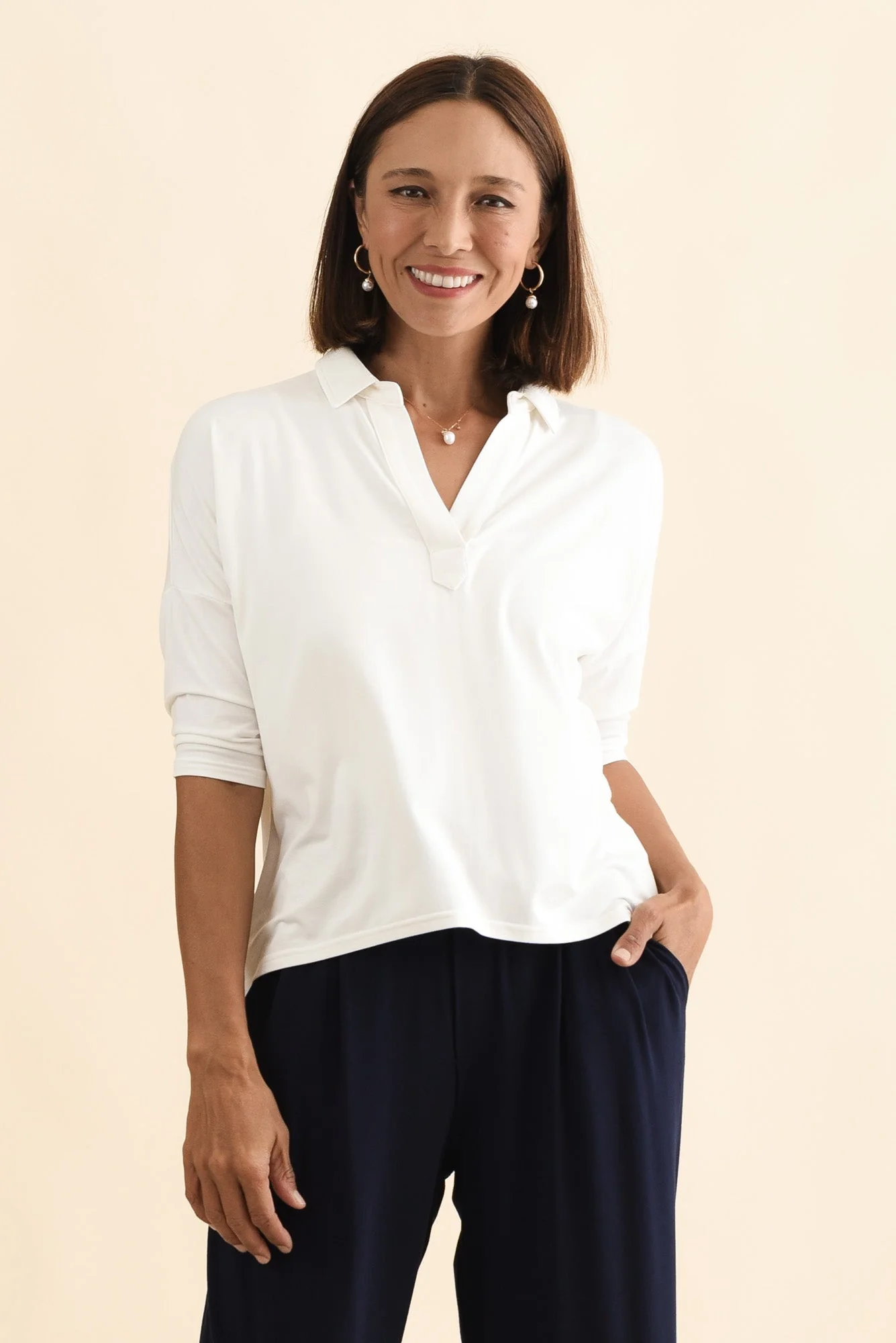 Khan Cream Collared Polo Top
