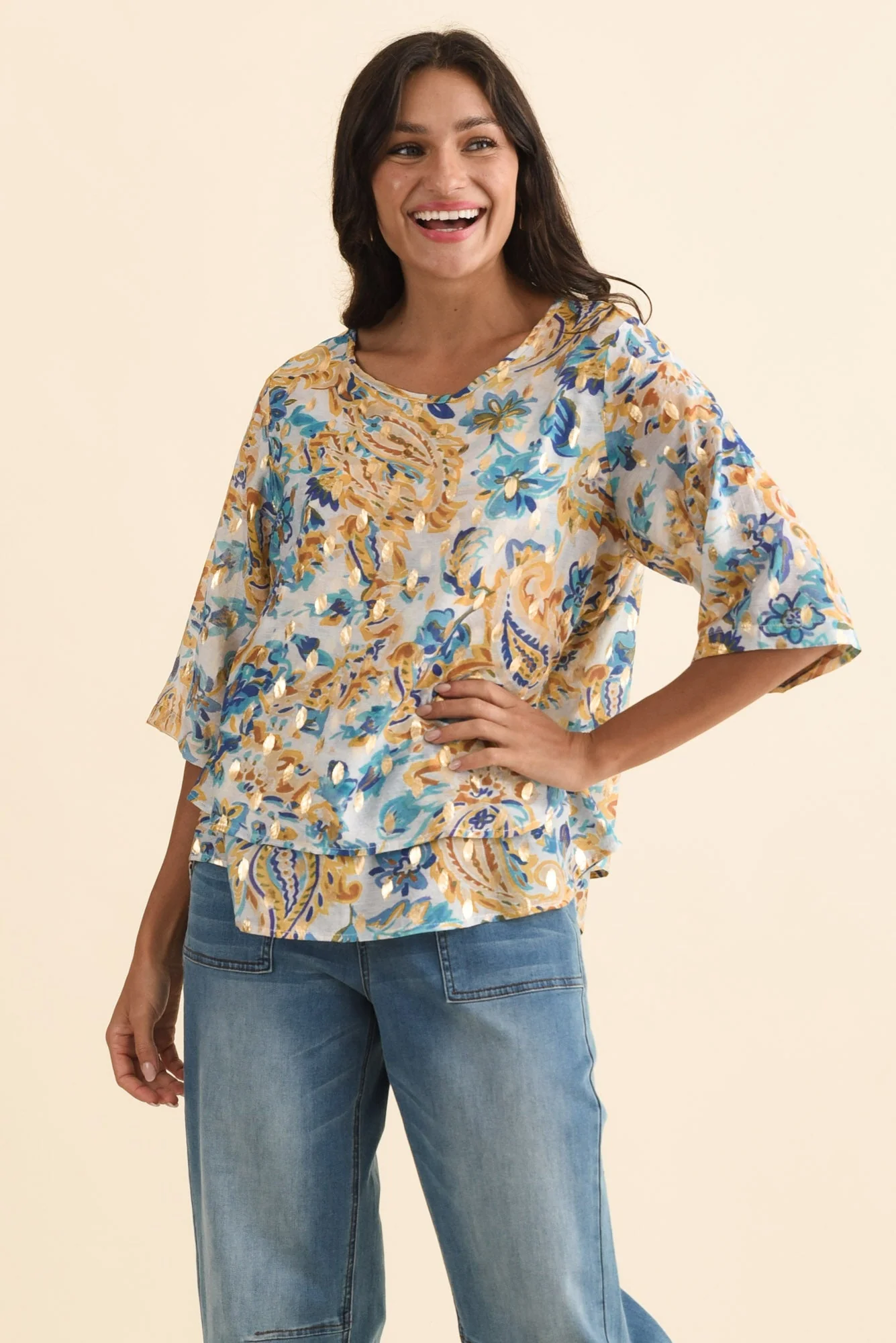 Liora Blue Paisley Foil Layered Top
