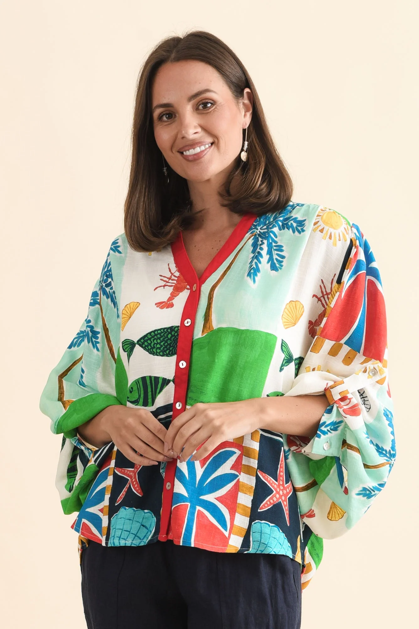Marella Green Coastal Button Top