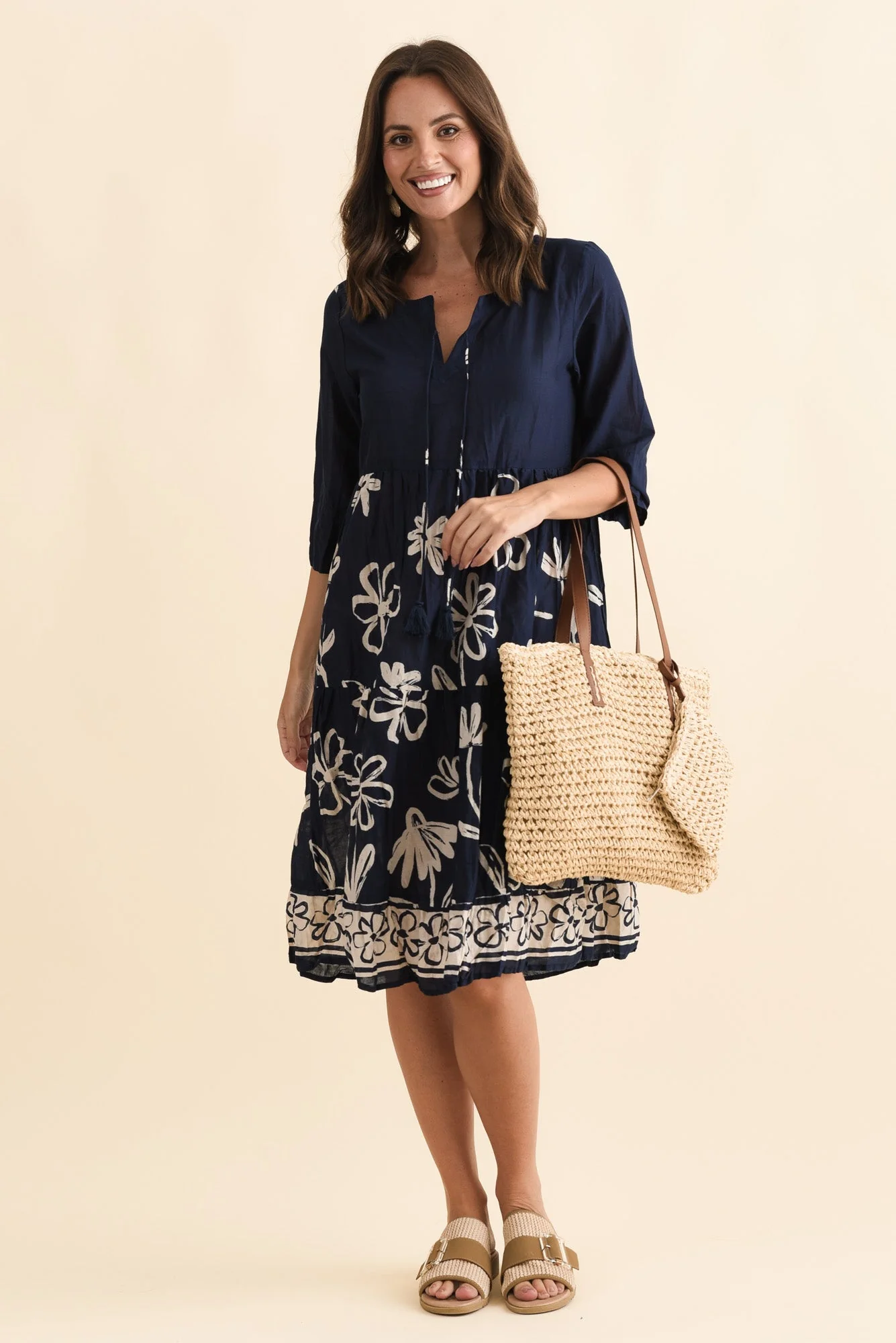 Milana Navy Flower Crinkle Cotton Dress