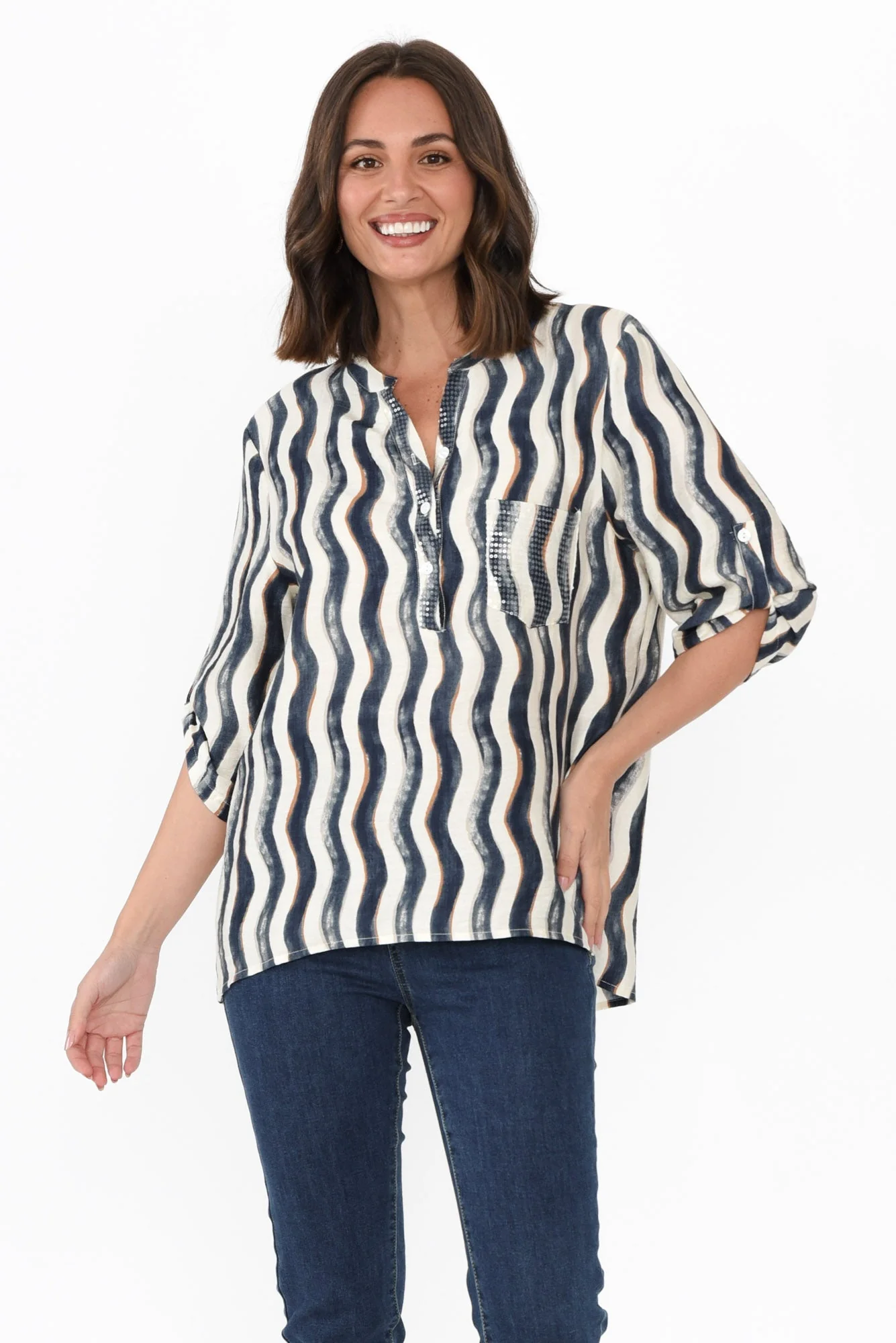 Neiman Navy Swirl Pocket Blouse