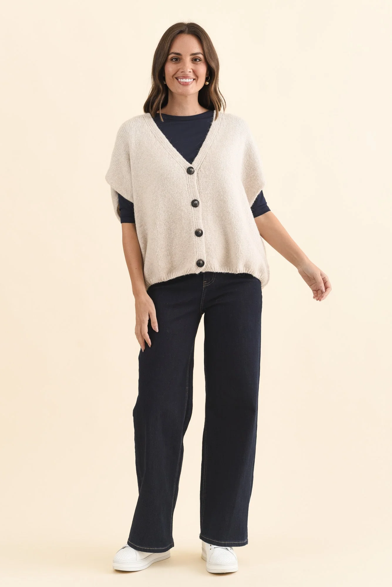 Oaklyn Beige Knit Button Top - Image 2