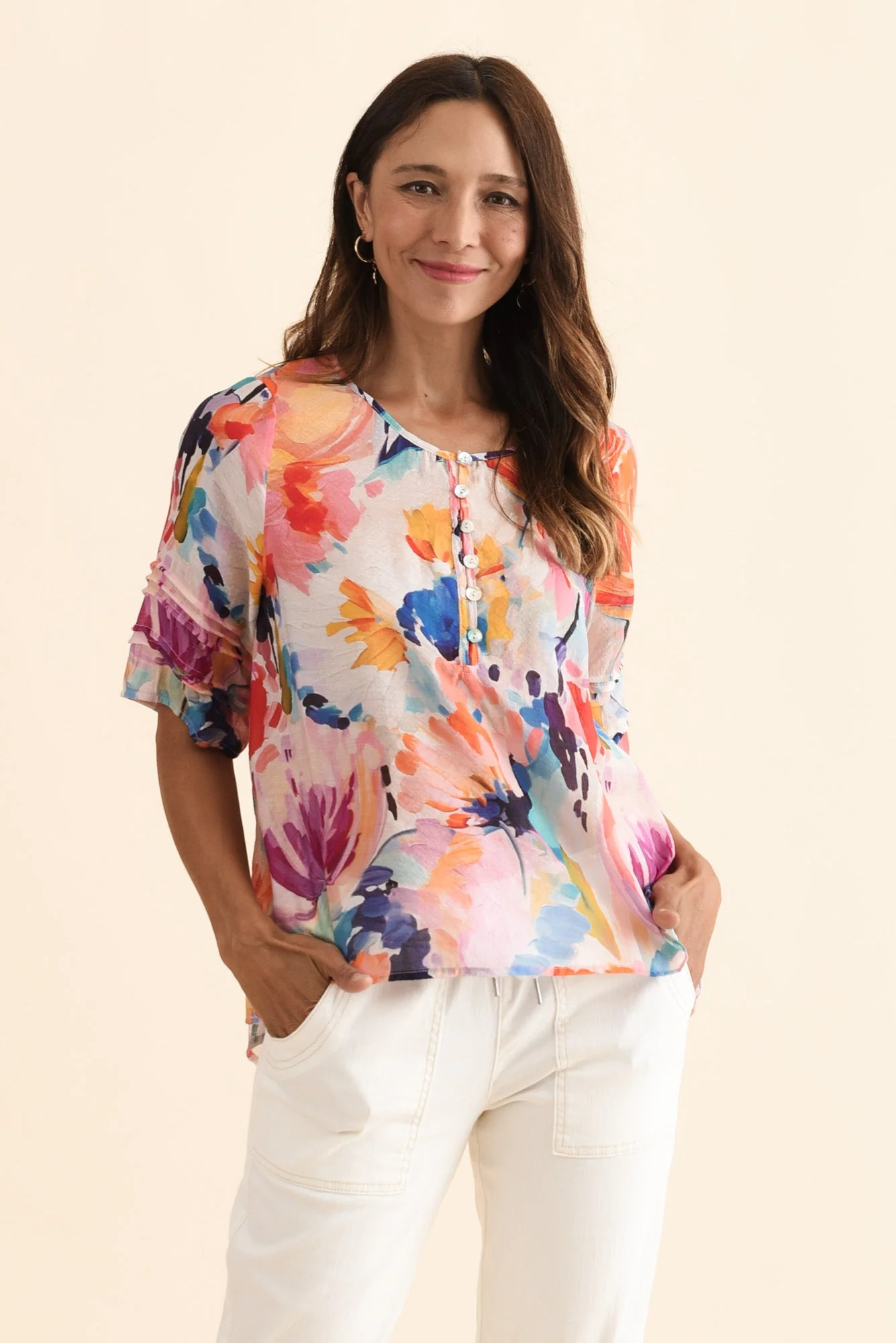 Paden Orange Floral Button Top