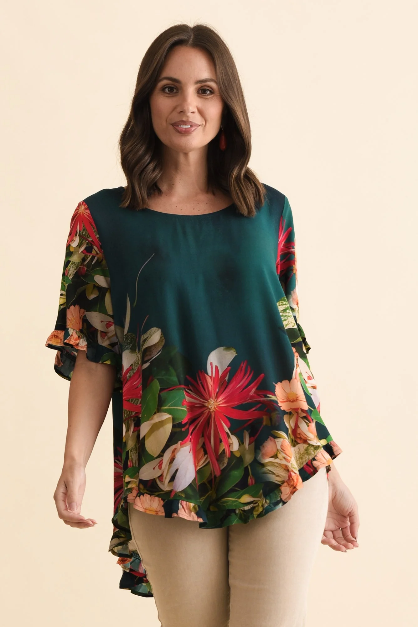 Perrin Emerald Floral Ruffle Top