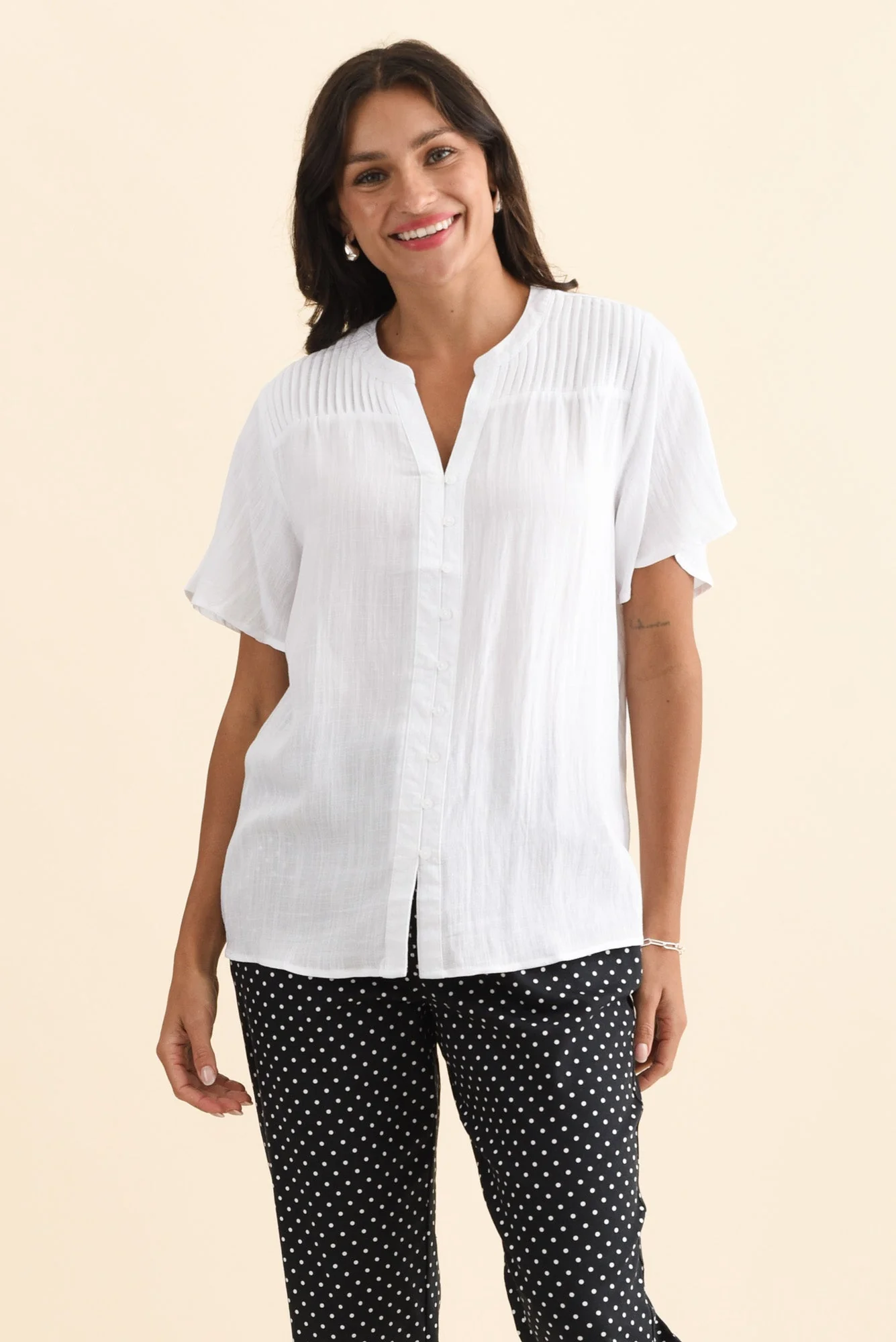Ponny White Linen Blend Button Top