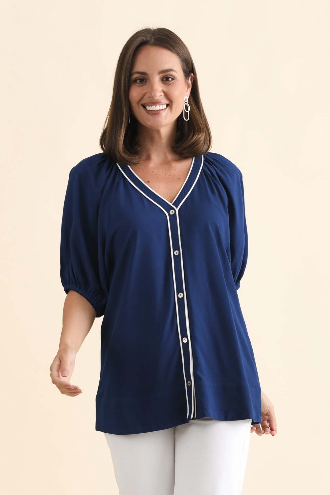 Rio Reef Navy Contrast Button Blouse