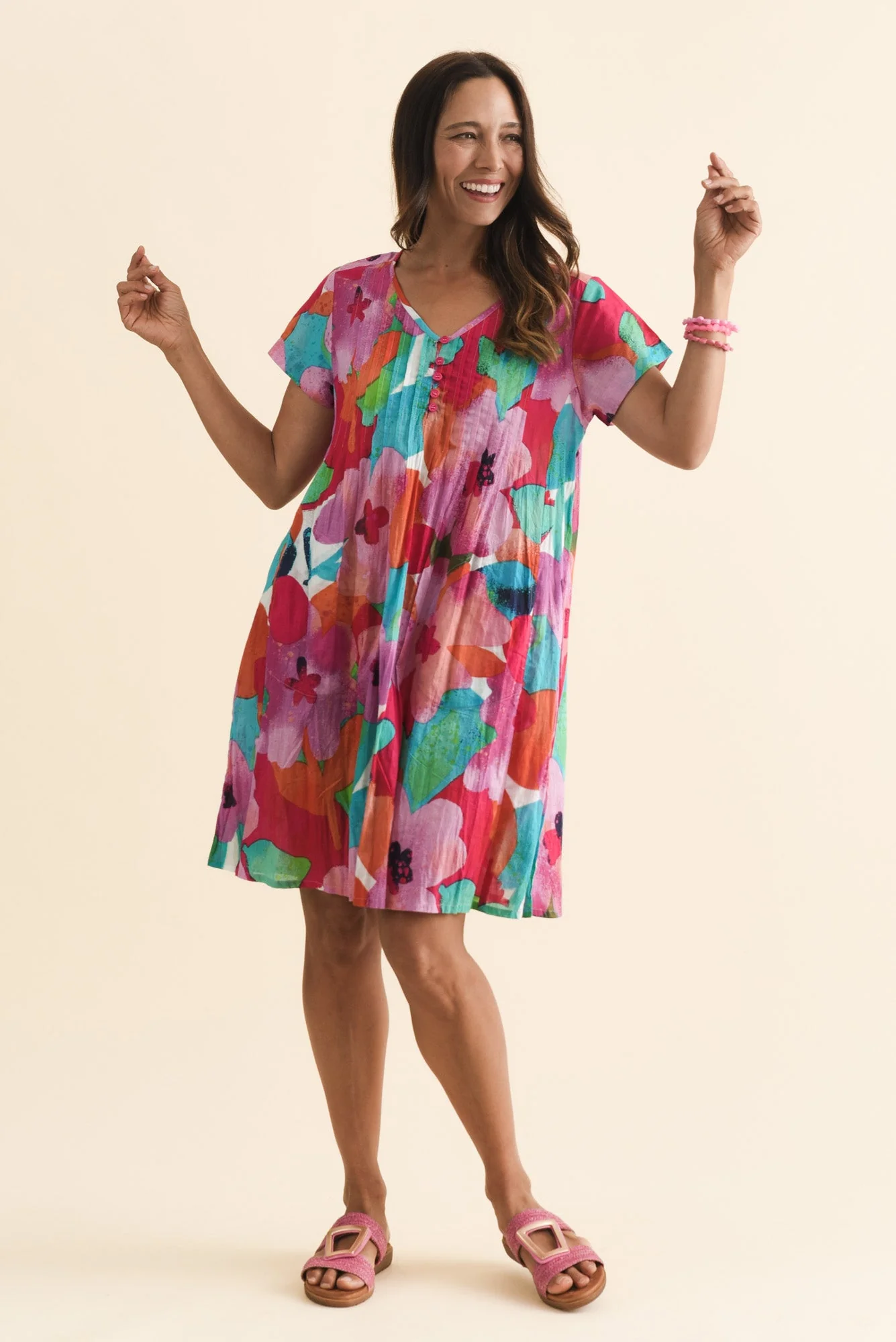 Sabina Pink Floral Crinkle Cotton Dress