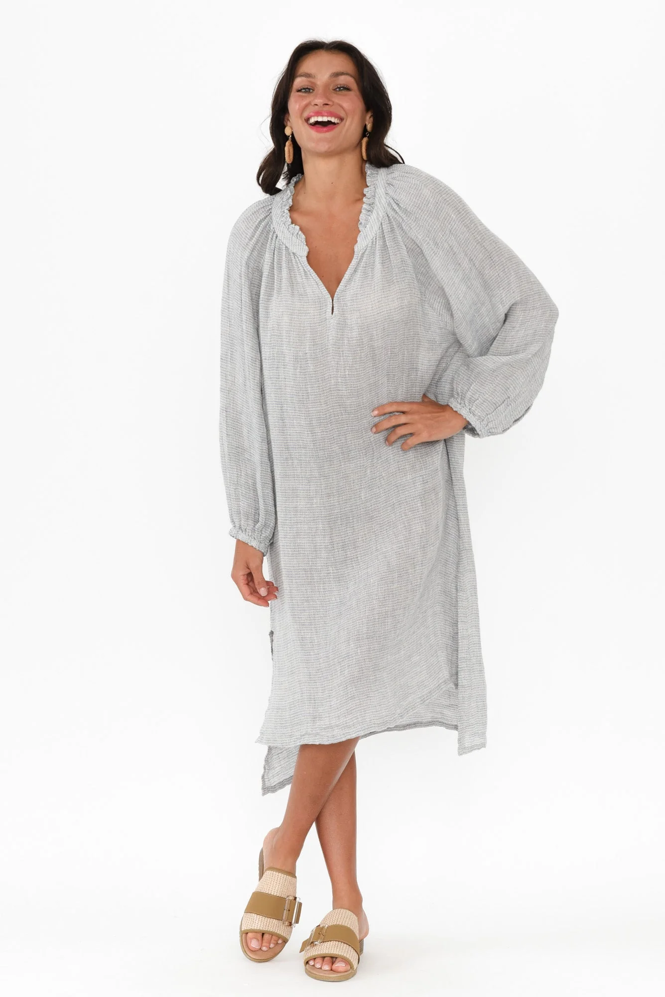 Sierra Light Blue Stripe Linen Midi Dress - Image 2