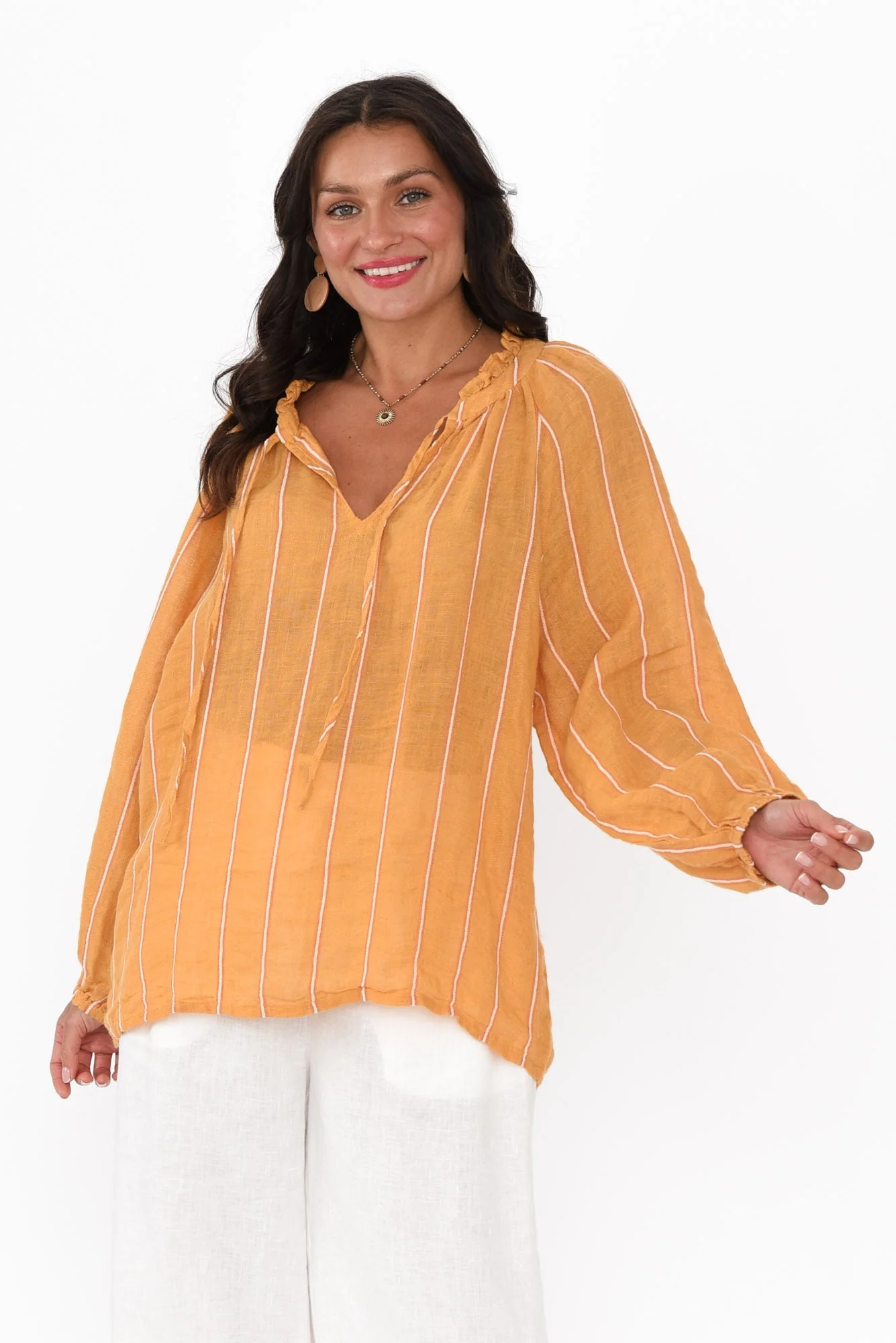 Sussana Mustard Stripe Linen Tie Top