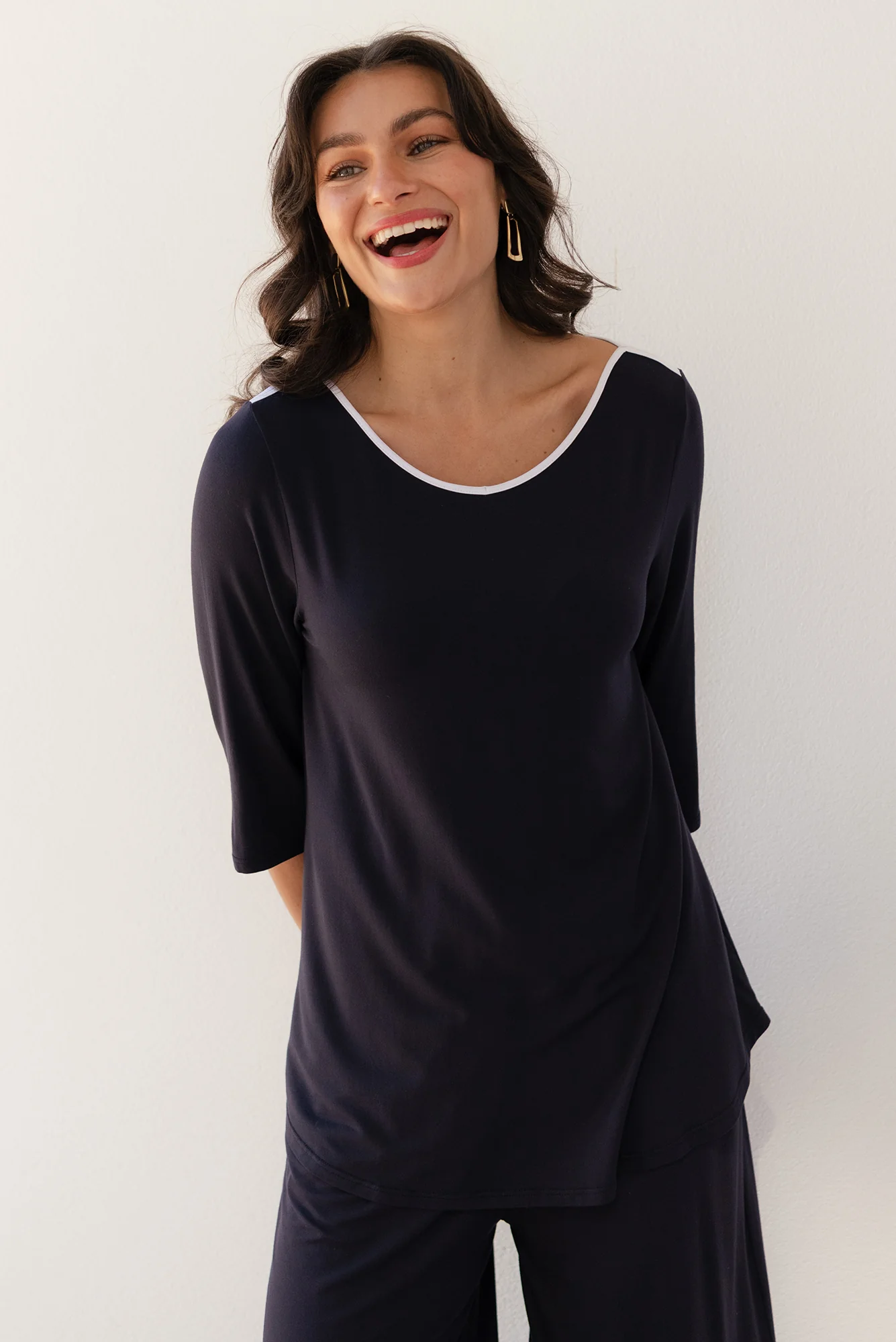 Tilly Navy Contrast 3/4 Sleeve Micro Modal Tee