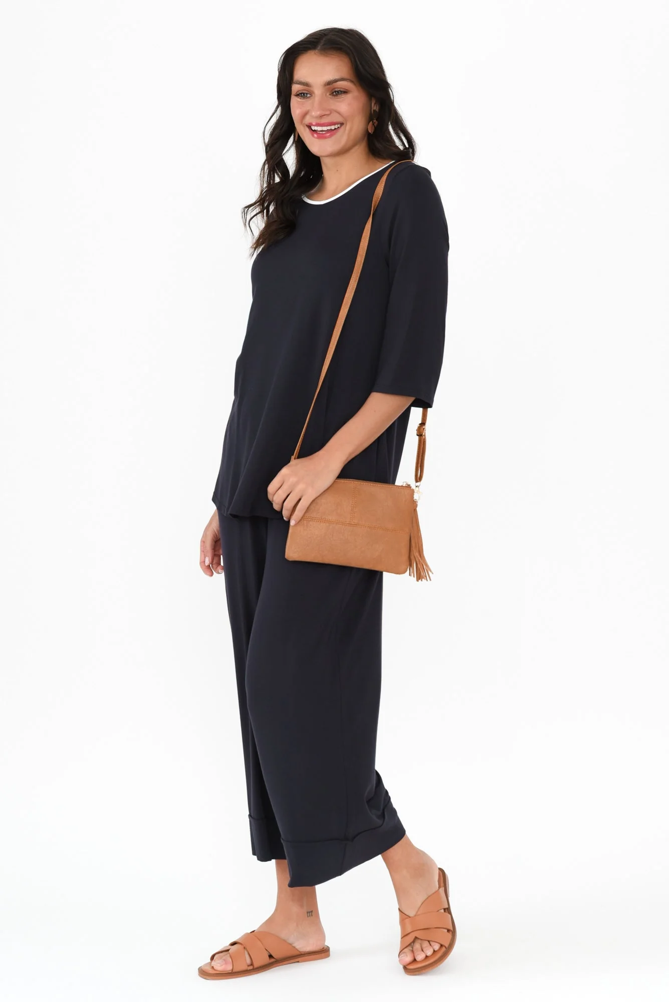 Tilly Navy Contrast 3/4 Sleeve Micro Modal Tee - Image 3