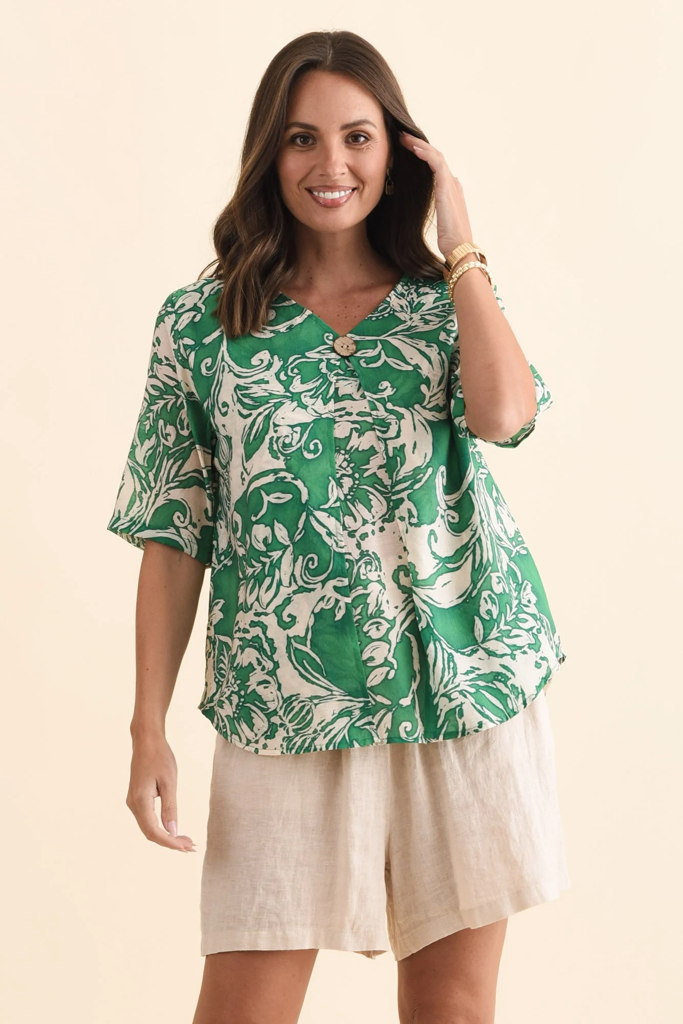Yasmin Green Abstract Layered Button Top