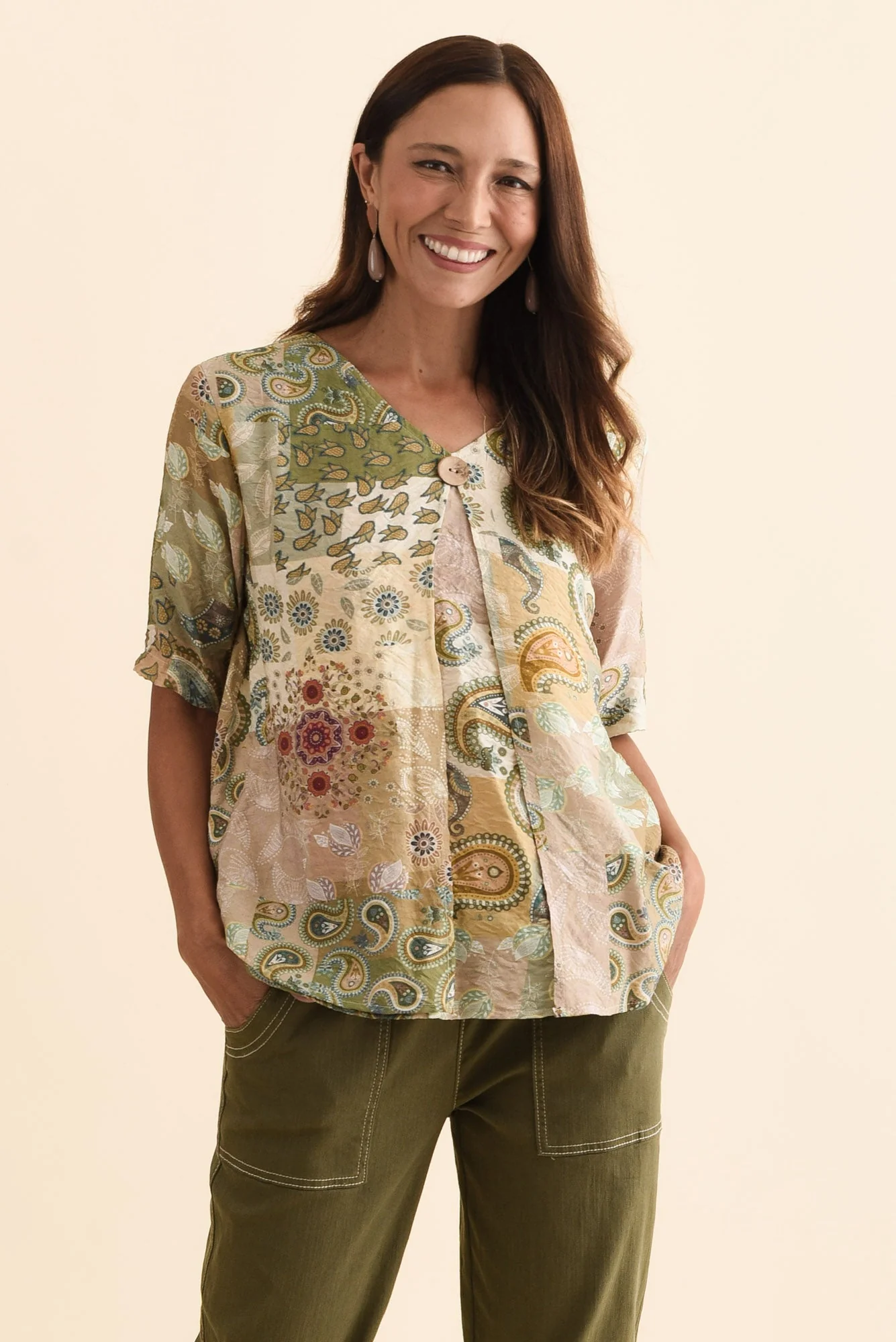 Yasmin Green Paisley Layered Button Top